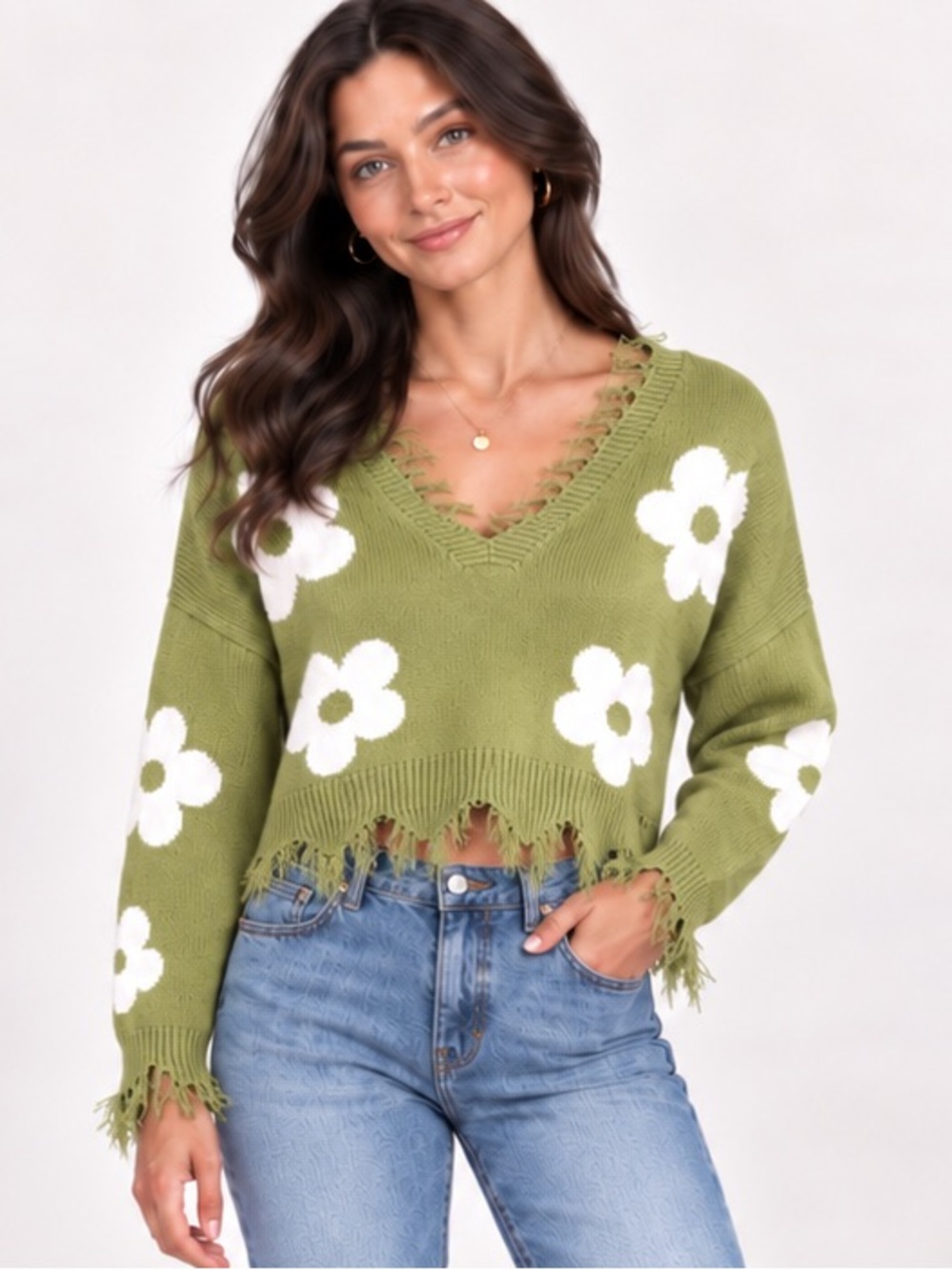 Just Polly New York Womens M Green Daisy Distressed Cropped Sweater Y2K Floral